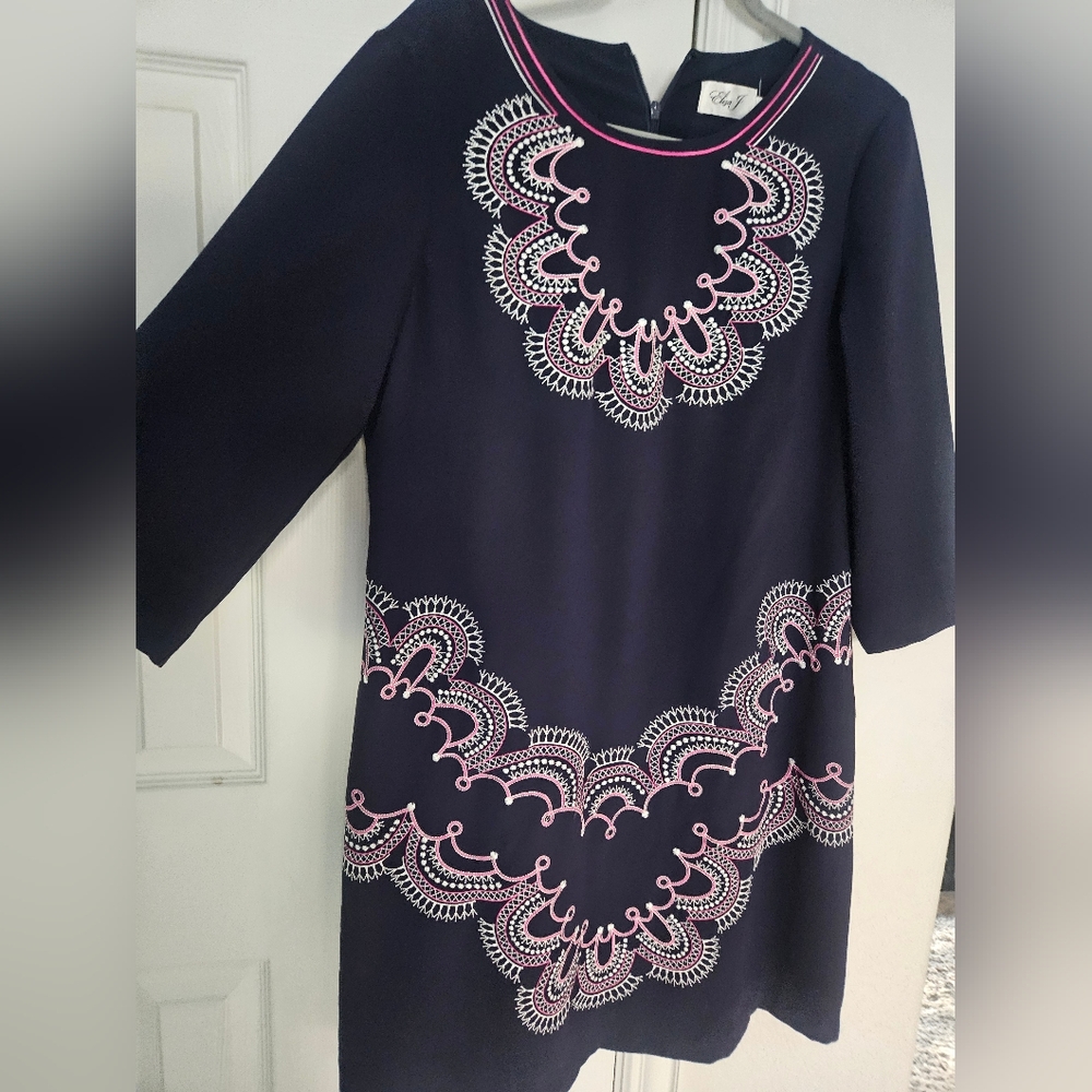 Eliza J Women's Navy Blue Embroidered 3/4 Sleeve Shift Dress Size 14
